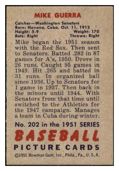 1951 Bowman Baseball #202 Mike Guerra Senators NR-MT 507325