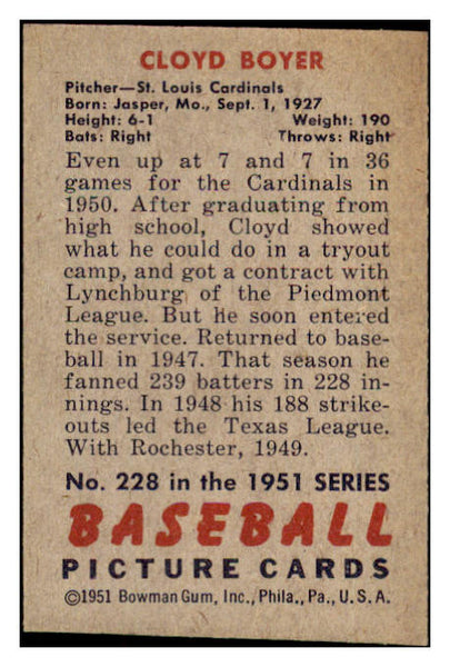 1951 Bowman Baseball #228 Cloyd Boyer Cardinals NR-MT 507334