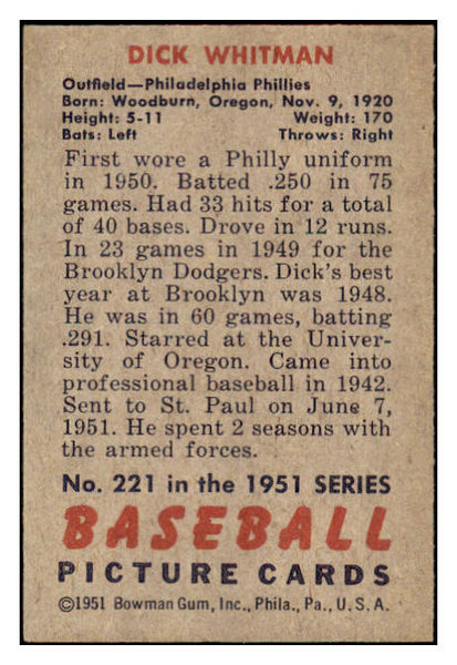 1951 Bowman Baseball #221 Dick Whitman Phillies NR-MT 507340