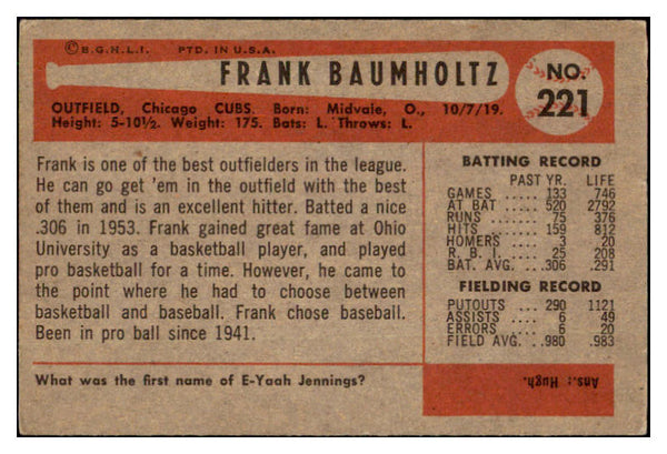 1954 Bowman Baseball #221 Frank Baumholtz Cubs EX+/EX-MT 507464