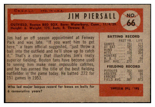1954 Bowman Baseball #066 Jimmy Piersall Red Sox EX-MT 507479