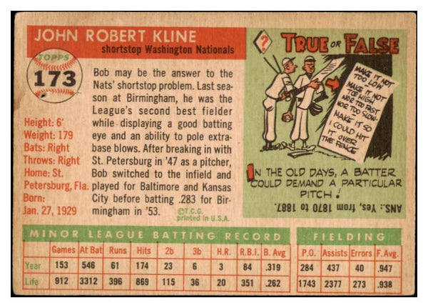1955 Topps Baseball #173 Bob Kline Senators VG 507493
