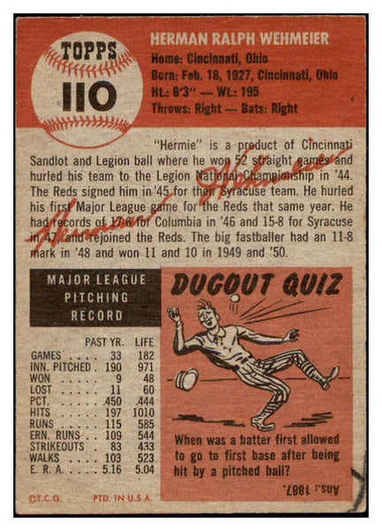 1953 Topps Baseball #110 Herman Wehmeier Reds EX-MT 507532