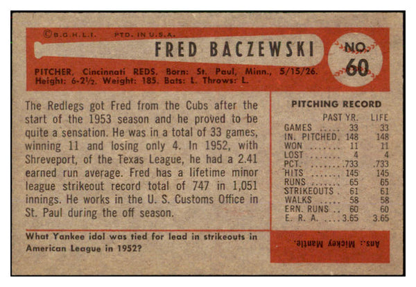 1954 Bowman Baseball #060 Fred Baczewski Reds NR-MT 507574