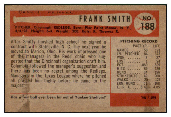 1954 Bowman Baseball #188 Frank Smith Reds NR-MT 507581