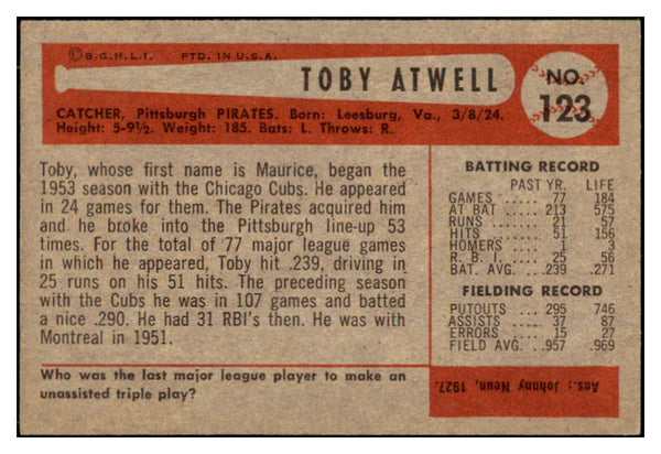 1954 Bowman Baseball #123 Toby Atwell Pirates NR-MT 507590