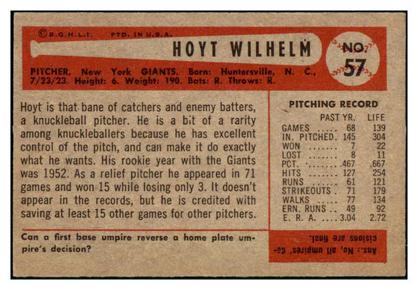1954 Bowman Baseball #057 Hoyt Wilhelm Giants NR-MT 507620