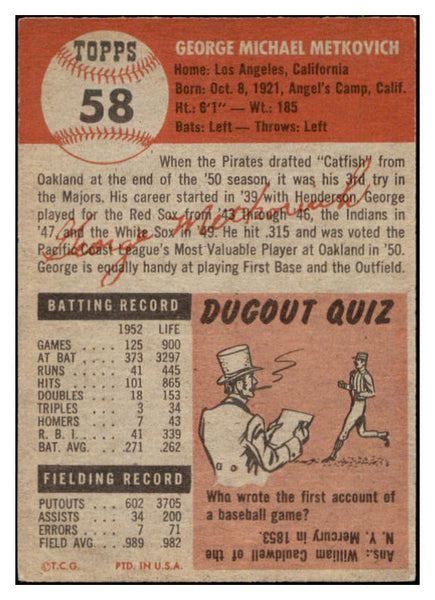 1953 Topps Baseball #058 George Metkovich Pirates EX+/EX-MT 507632