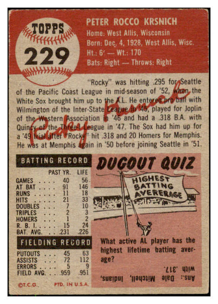 1953 Topps Baseball #229 Rocky Krsnich White Sox EX+/EX-MT 507644