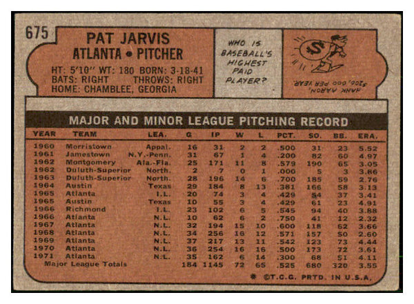 1972 Topps Baseball #675 Pat Jarvis Braves EX-MT 507861
