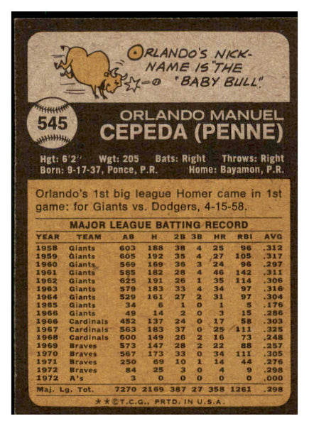 1973 Topps Baseball #545 Orlando Cepeda A's EX-MT 507902