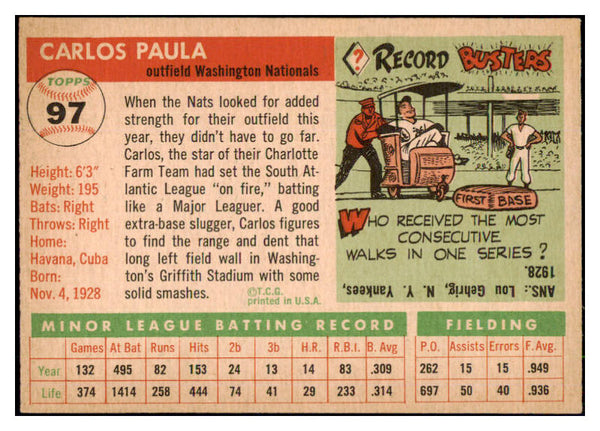 1955 Topps Baseball #097 Carlos Paula Senators EX-MT 507962 | Kit Young ...