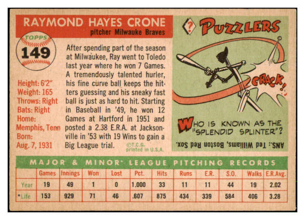 1955 Topps Baseball #149 Ray Crone Braves EX-MT 507989 | Kit Young Cards