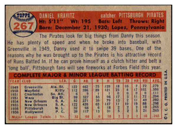 1957 Topps Baseball #267 Danny Kravitz Pirates EX 508101