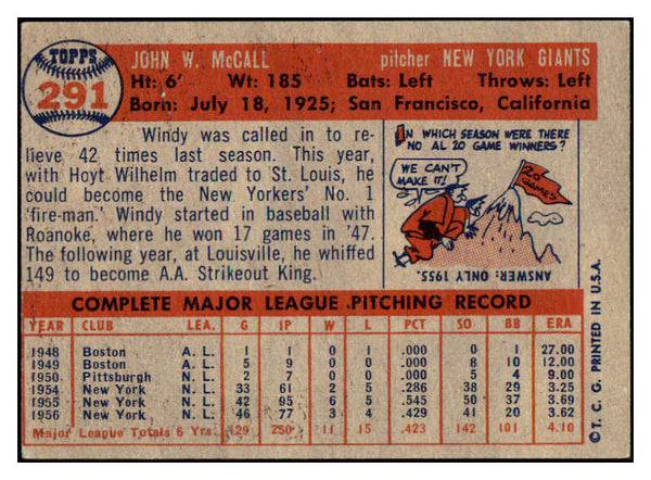 1957 Topps Baseball #291 Windy McCall Giants EX 508167