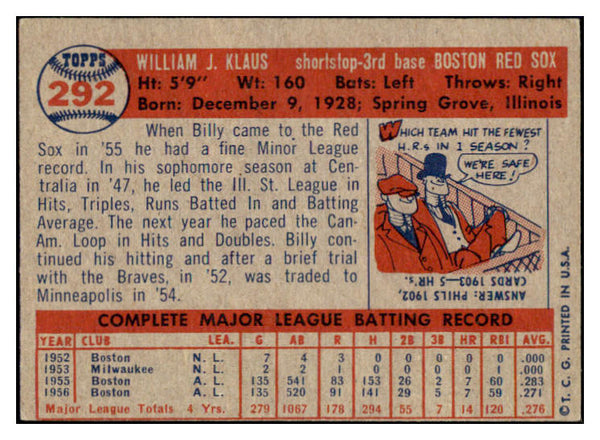 1957 Topps Baseball #292 Billy Klaus Red Sox EX 508172