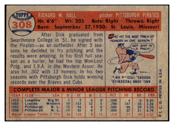 1957 Topps Baseball #308 Dick Hall Pirates EX-MT 508238