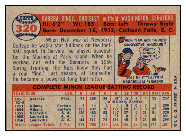1957 Topps Baseball #320 Neil Chrisley Senators EX 508266