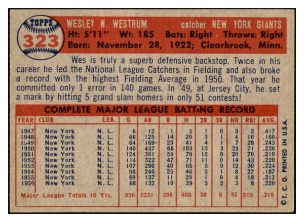 1957 Topps Baseball #323 Wes Westrum Giants EX 508280