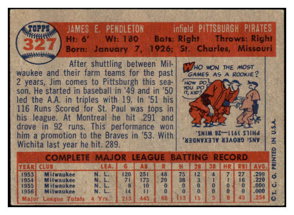 1957 Topps Baseball #327 Jim Pendleton Pirates VG-EX 508298