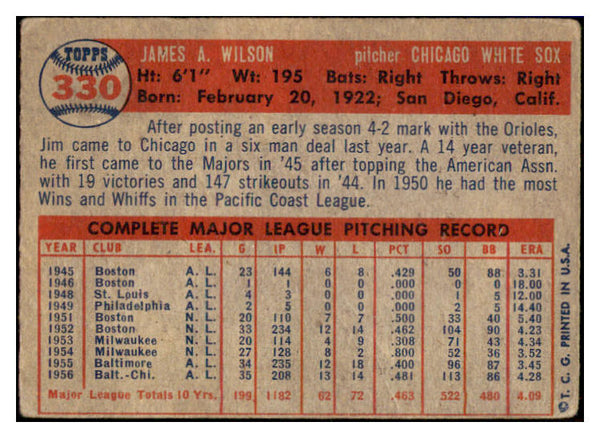 1957 Topps Baseball #330 Jim Wilson White Sox VG 508306