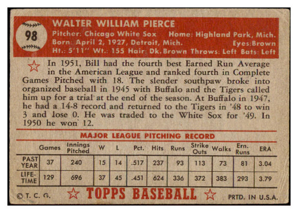 1952 Topps Baseball #098 Billy Pierce White Sox VG 508606