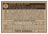 1952 Topps Baseball #057 Eddie Lopat Yankees VG-EX Black 508612