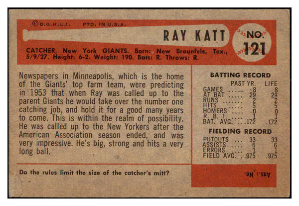 1954 Bowman Baseball #121 Ray Katt Giants EX-MT 508677