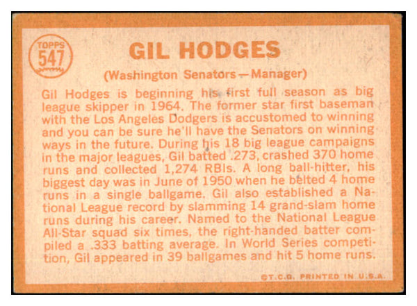 1964 Topps Baseball #547 Gil Hodges Senators VG-EX 508721