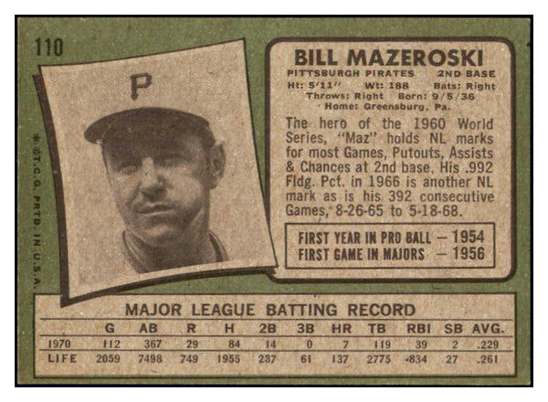 1971 Topps Baseball #110 Bill Mazeroski Pirates EX-MT 508739