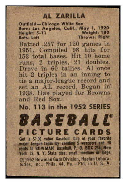 1952 Bowman Baseball #113 Al Zarilla White Sox VG-EX 508868