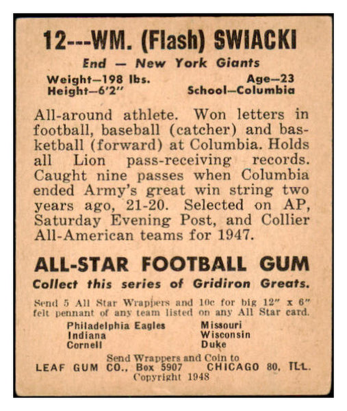 1948 Leaf Football #012 Bill Swiacki Giants EX 508935