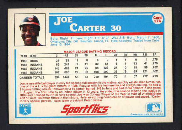 1987 Sportflics #176 Joe Carter Indians Signed Autographed 509105