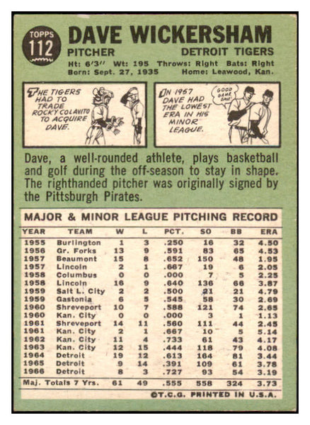 1967 Topps #112 Dave Wickersham Tigers Signed Autographed 509237