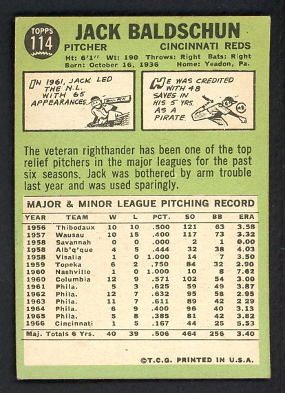 1967 Topps #114 Jack Baldschun Reds Signed Autographed 509238