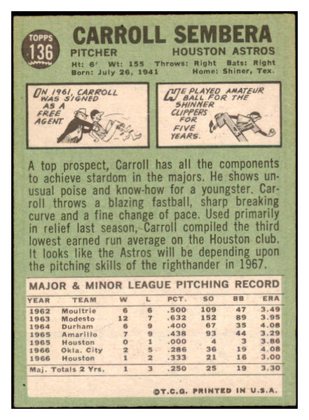 1967 Topps #136 Carroll Sembera Astros Signed Autographed 509248