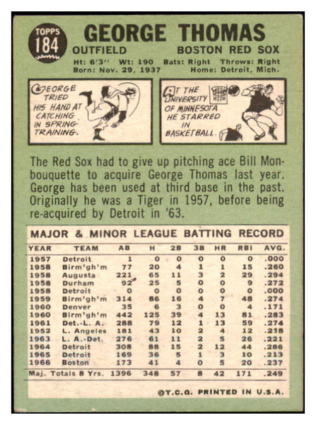 1967 Topps #184 George Thomas Red Sox Signed Autographed 509267