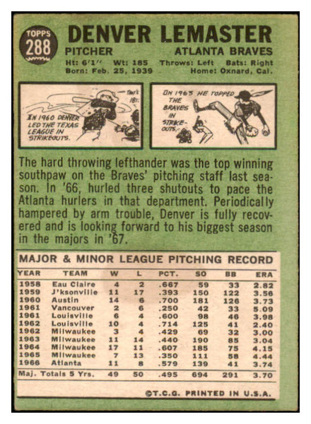 1967 Topps #288 Denver Lemaster Braves Signed Autographed 509289