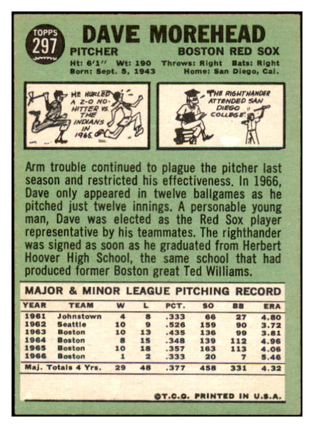 1967 Topps #297 Dave Morehead Red Sox Signed Autographed 509292