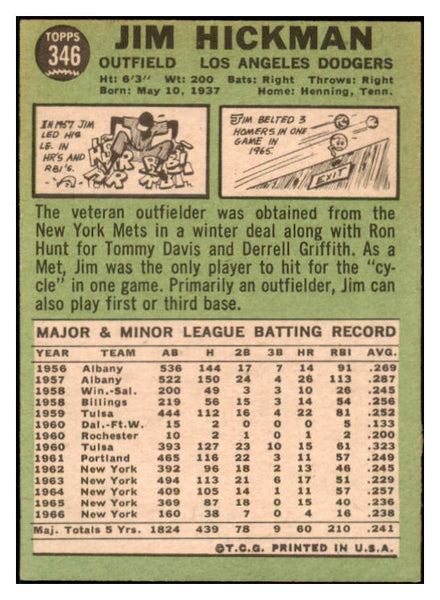 1967 Topps #346 Jim Hickman Dodgers Signed Autographed 509310