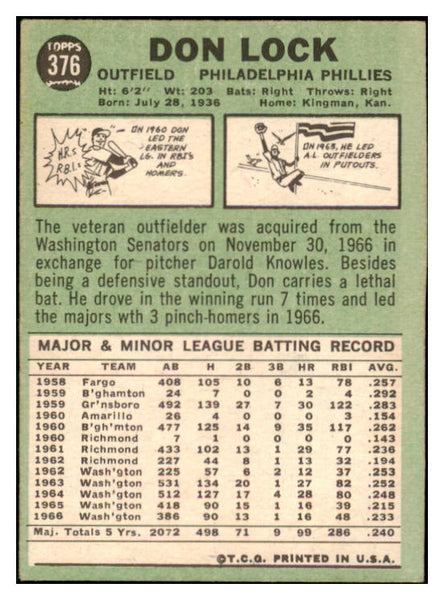 1967 Topps #376 Don Lock Phillies Signed Autographed 509319
