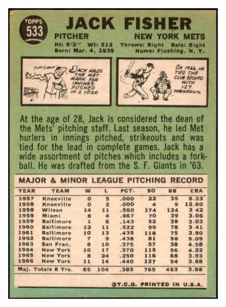 1967 Topps #533 Jack Fisher Mets Signed Autographed 509364