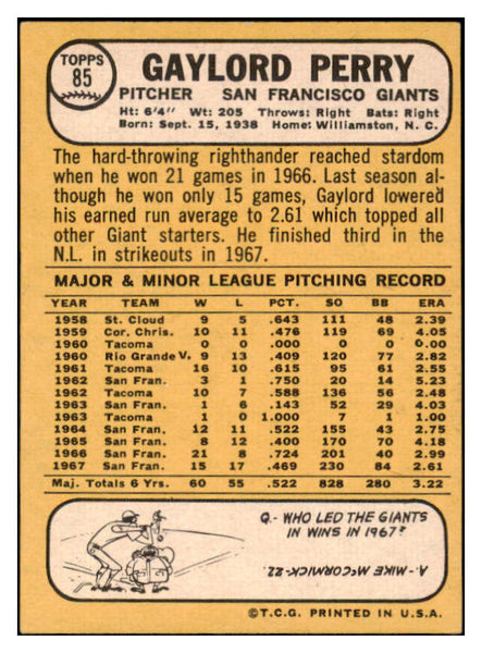 1968 Topps #085 Gaylord Perry Giants Signed Autographed 509376