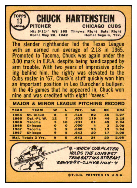1968 Topps #013 Chuck Hartenstein Cubs Signed Autographed 509391