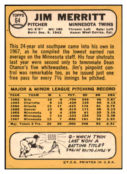 1968 Topps #064 Jim Merritt Twins Signed Autographed 509403