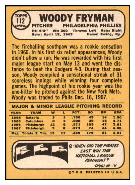 1968 Topps #112 Woody Fryman Phillies Signed Autographed 509417