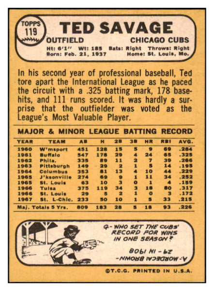 1968 Topps #119 Ted Savage Cubs Signed Autographed 509420