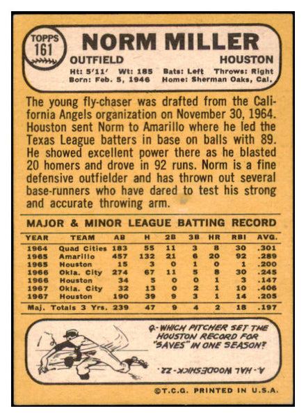 1968 Topps #161 Norm Miller Astros Signed Autographed 509428