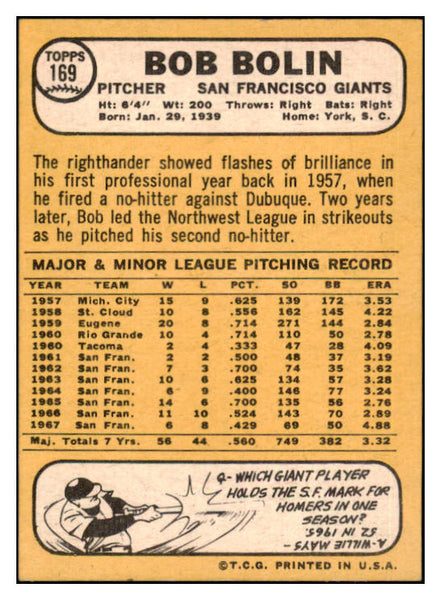 1968 Topps #169 Bob Bolin Giants Signed Autographed 509431