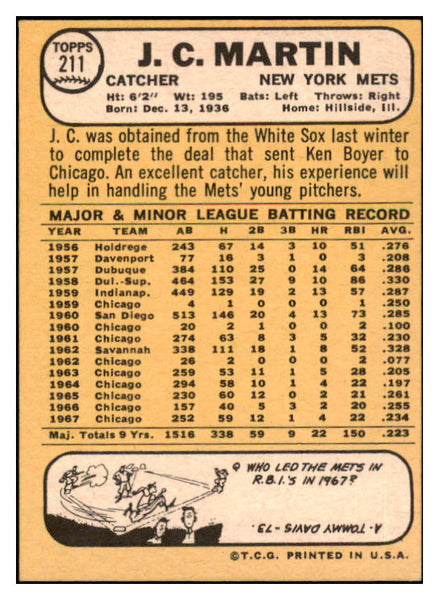 1968 Topps #211 J.C. Martin Mets Signed Autographed 509443